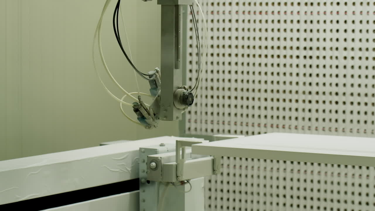 Doors industry in the workshop. Robotic equipment spraying paints. Manufacturing for door production. Automated device in furniture plant.