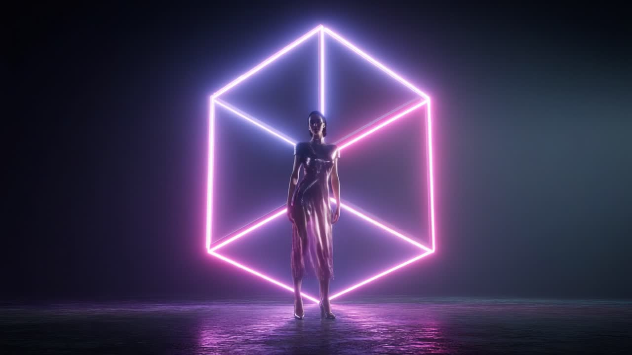Futuristic woman in neon cube