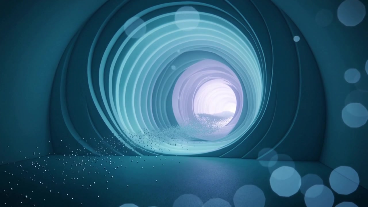 Playback starting camera moving through ring-tunnel toward bright exit showing particles with bokeh