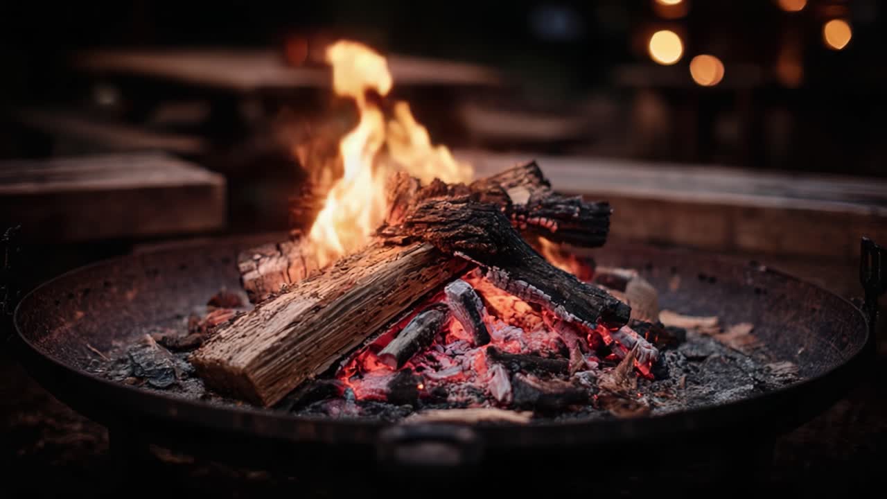 Una scena di falò calda e invitante catturata al crepuscolo con fiamme che danzano sopra i ceppi, creando un'atmosfera accogliente ideale per riunioni e relax.