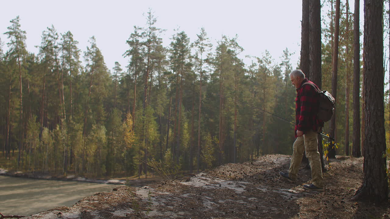 turista de mediana edad está viajando solo en el bosque con mochila soledad y disfrutando de la naturaleza