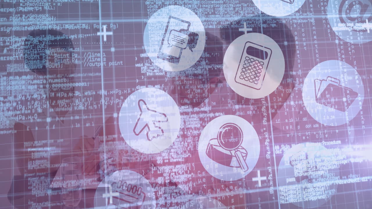 Digital animation of icons overlaying data and coding background in school setting