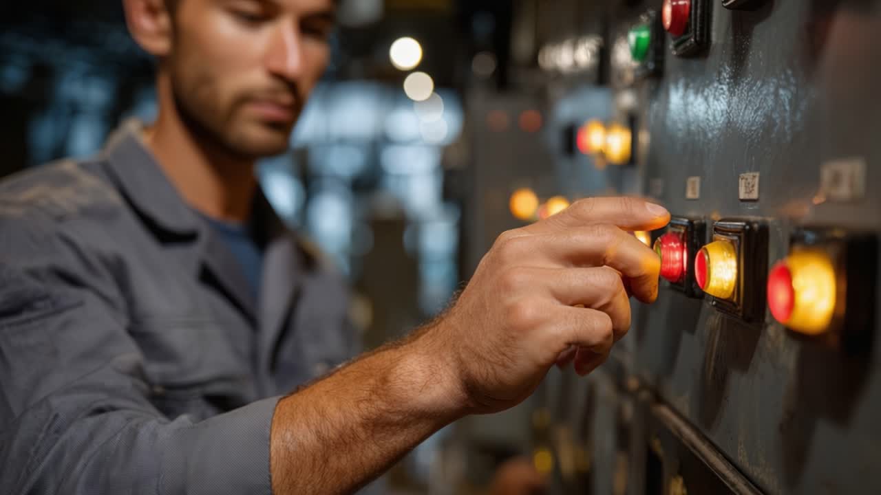 Operator Adjusting Control Panel Settings in an Industrial Environment to Manage Machine Operations with Precision and Focus on Safety and Efficiency