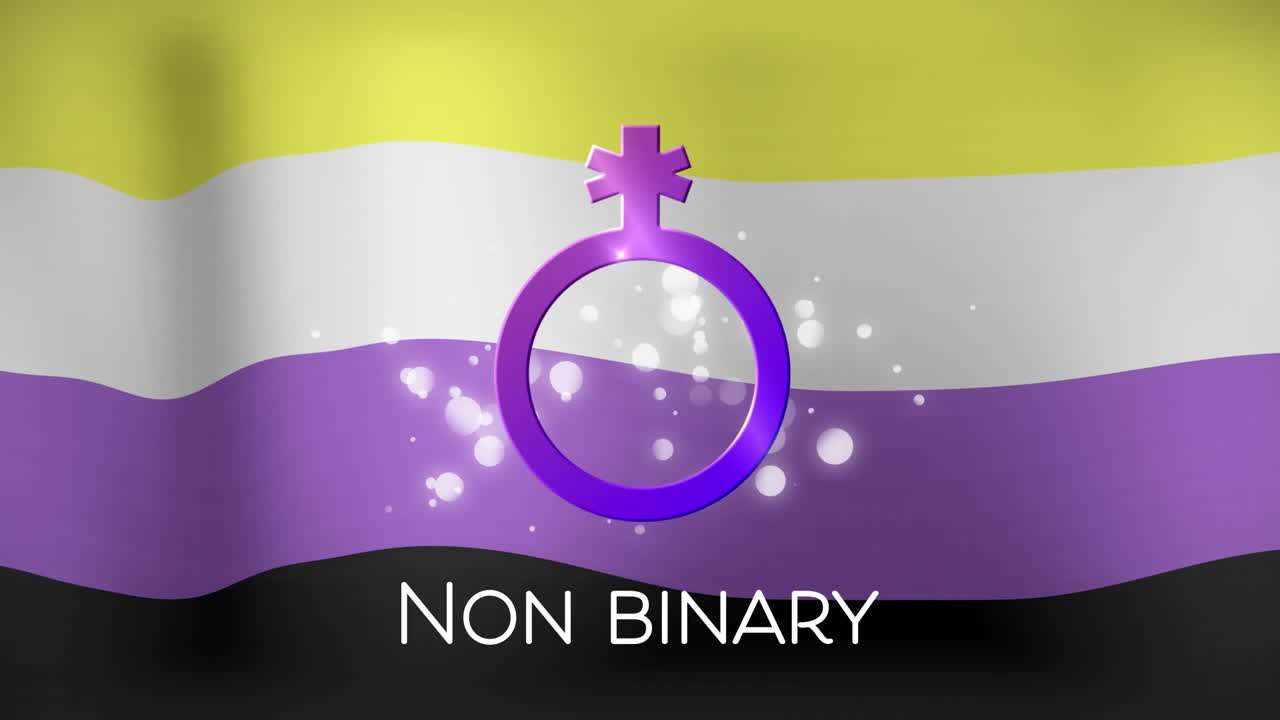 Animation of non binary symbol and dots over striped flag