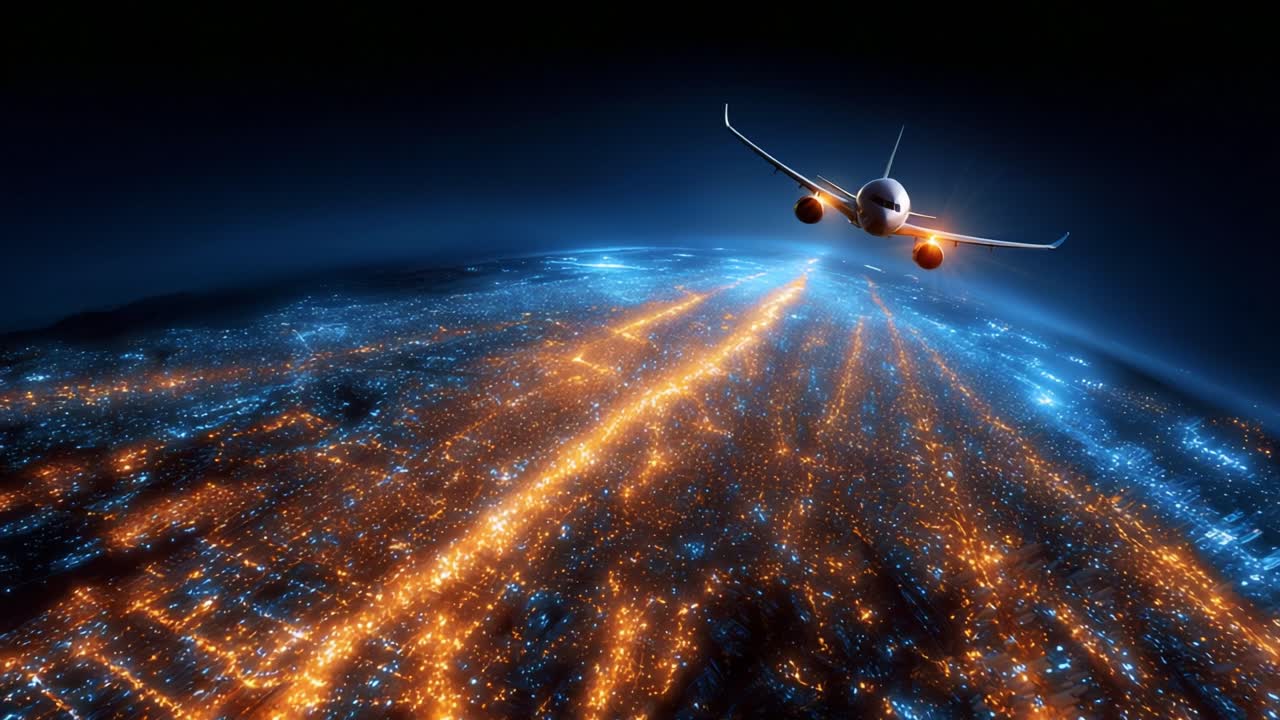 A stunning aerial view of an illuminated cityscape at night, with a commercial airplane flying gracefully above the twinkling lights, creating a captivating and dynamic scene