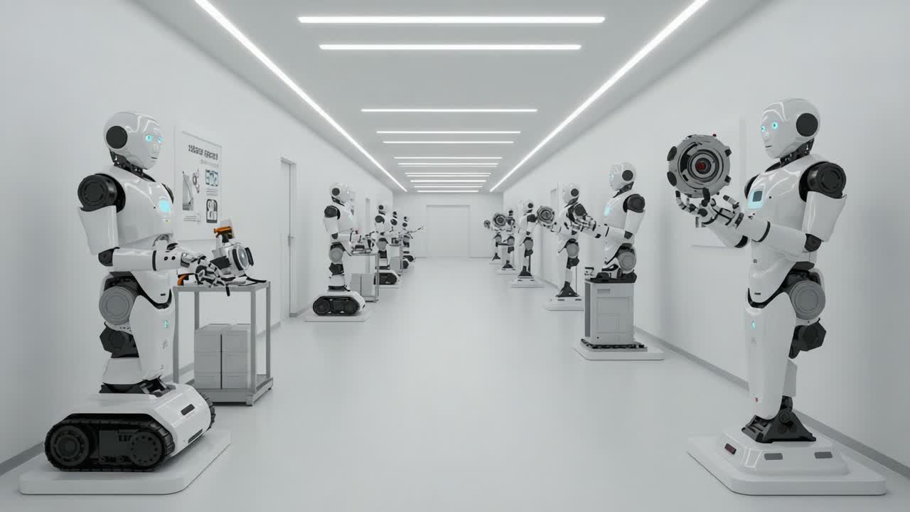 A Futuristic Corridor Filled with Advanced Robotics: Exploring the Innovations and Designs in Automaton Technology alongside Autonomous Guided Systems