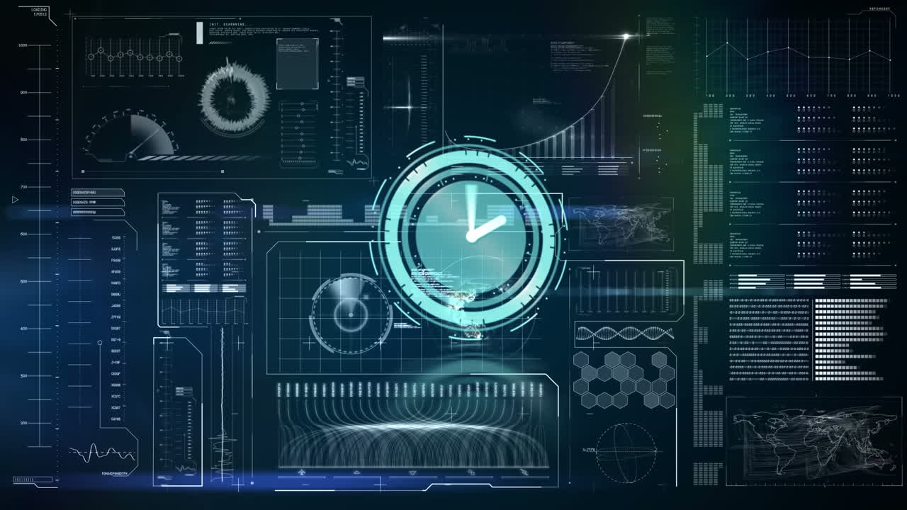 Animation of clock moving over diverse data on navy digital screen