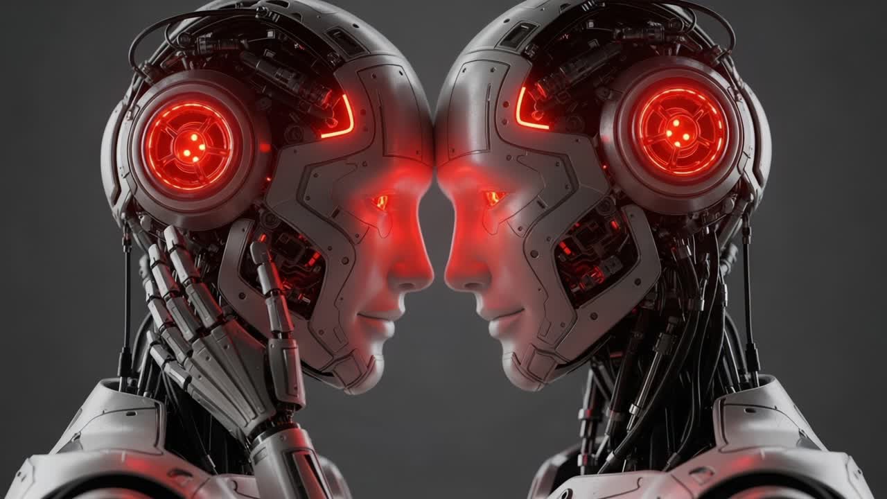 Intriguing Encounter: Two Futuristic Robots Face Each Other, Their Glowing Red Eyes Reflecting a Connection That Blurs the Line Between Technology and Emotion