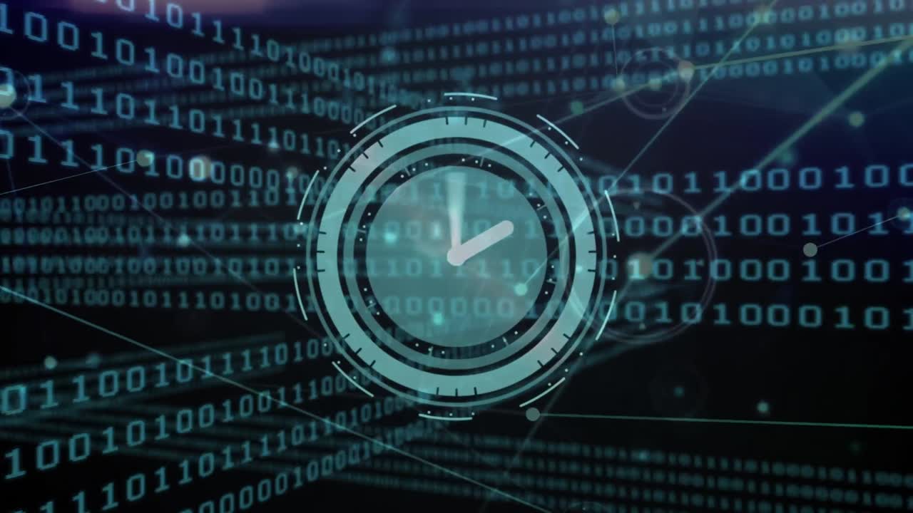 Animation of clock moving fast over networks and binary coding