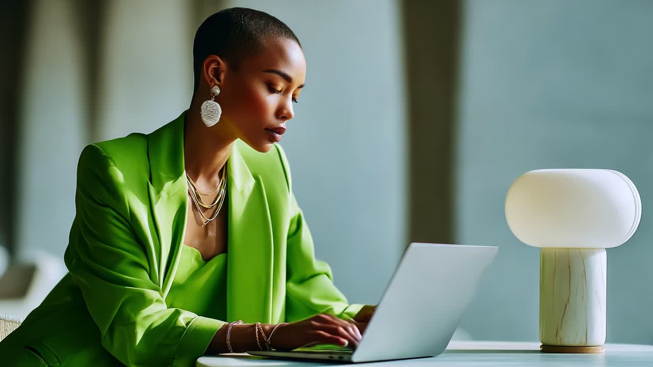Focused Professional Woman in Vibrant Green Suit Working on Laptop in Modern Workspace, Exuding Confidence and Style with Elegant Accessories and Soft Ambient Lighting