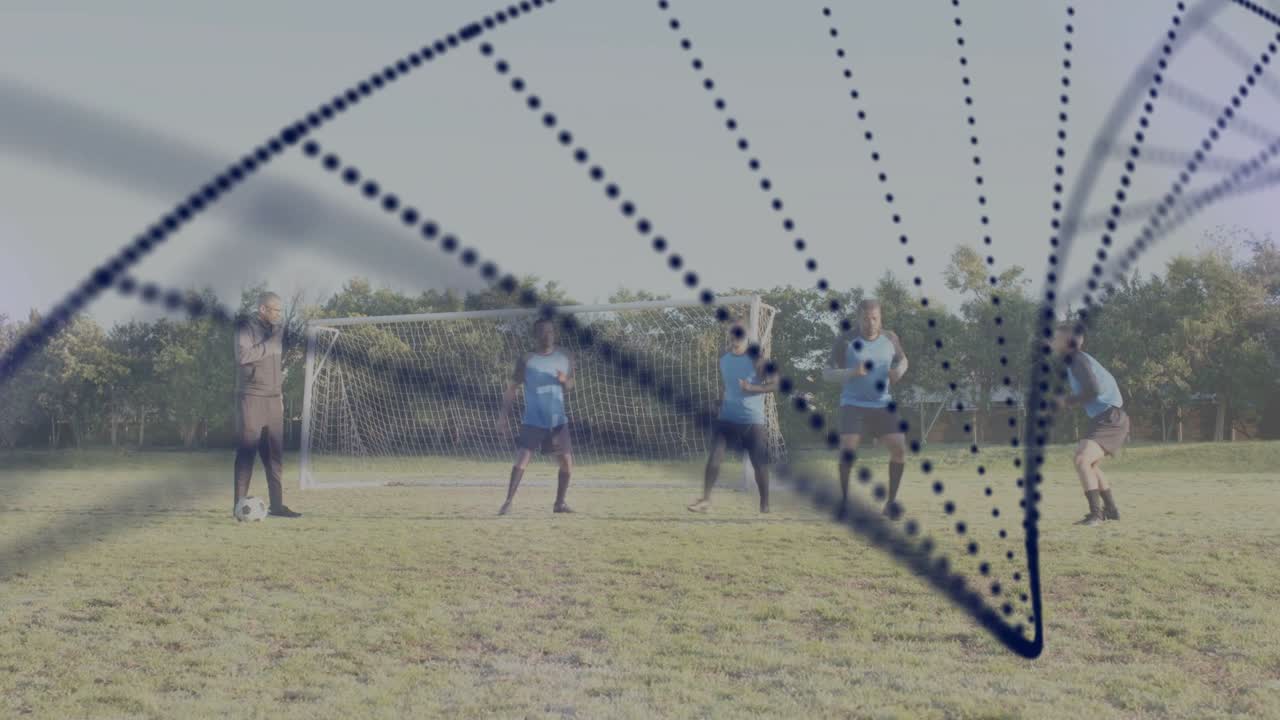 Coach cueing team running toward goal for soccer practice, dotted arc overlay passing over team