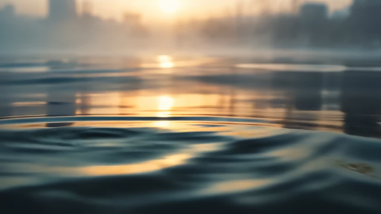 Rippling calm water spreading ripple rings from initial ripple by skyline, with sun reflection