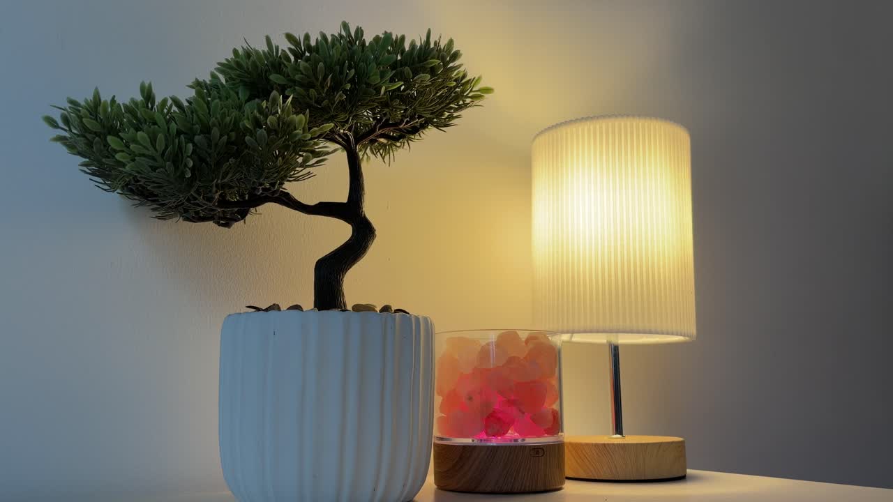 Homme allumant une lampe de bureau tactile avec un mini bonsaï, un poste de travail minimaliste et une lampe de sel