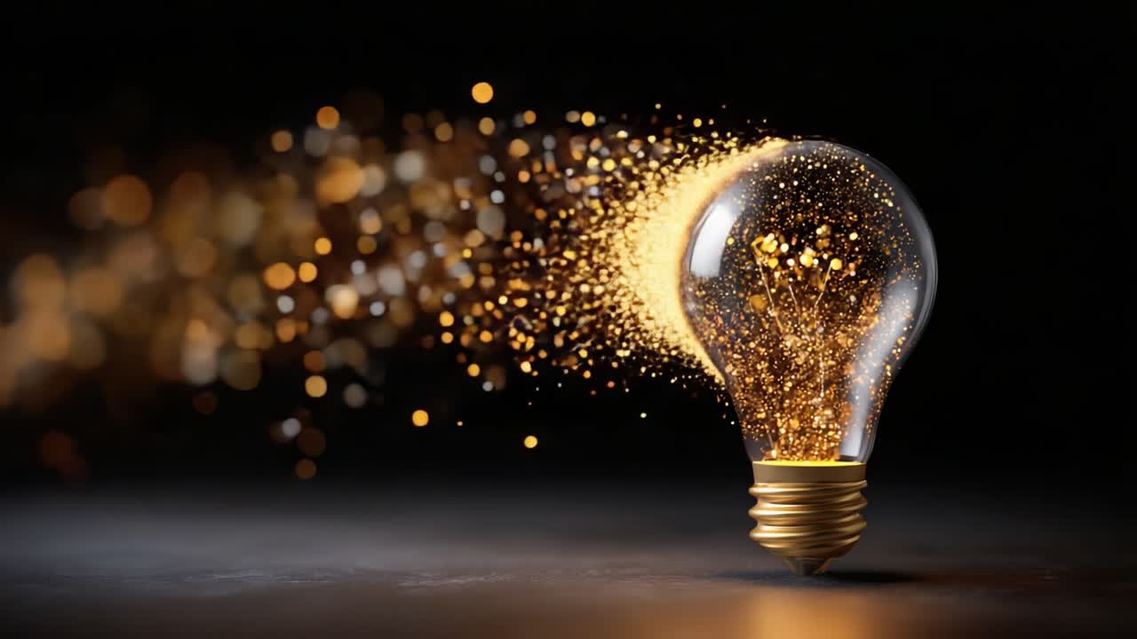 Una lampadina scintillante emette particelle dorate, creando una scia ipnotica di luce ed energia che cattura l'essenza della creatività e dell'ispirazione.