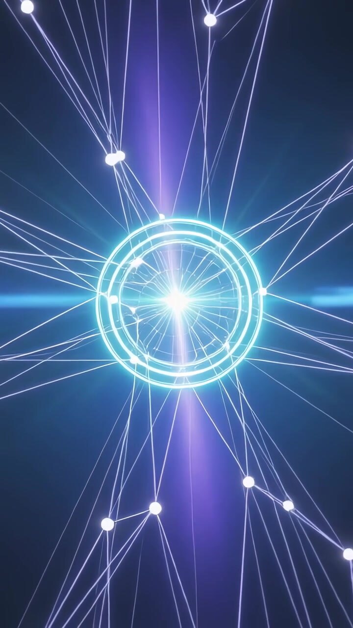 Video verticale: Hub ciano pulsante che alimenta nodi bianchi luminosi e linee che si muovono in una griglia per il flusso di dati.
