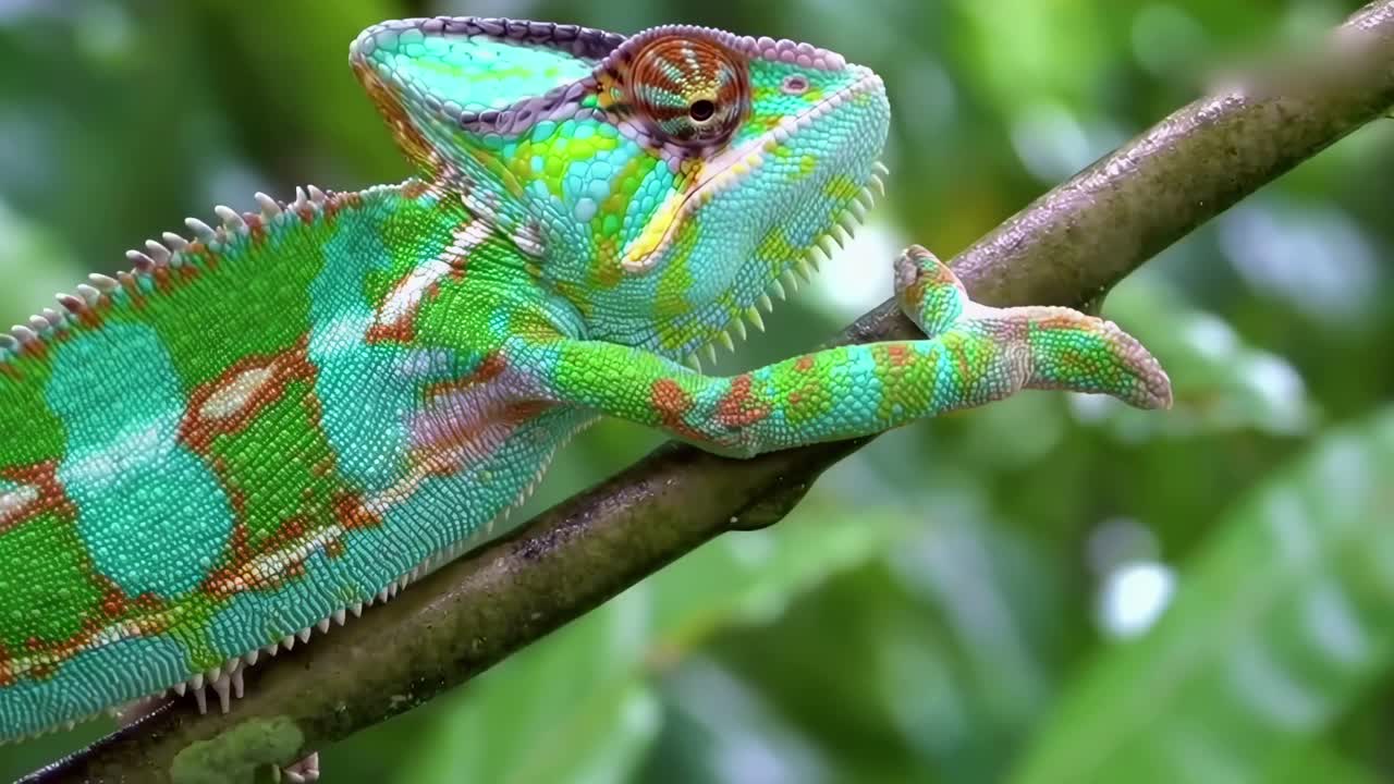 Vídeo em close-up de um camaleão colorido em um galho, capturado de um ângulo lateral