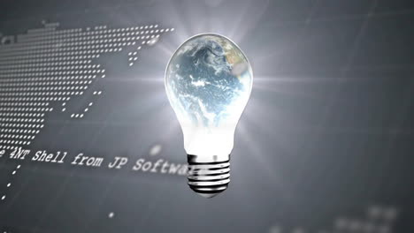 glowing light bulb with earth inside over digital world map animation