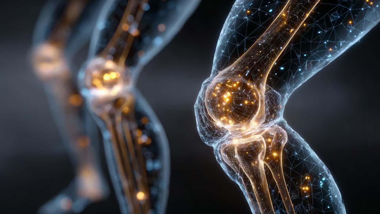 Futuristic Representation of Bionic Knee Joints with Luminescent Structures, Showcasing the Intersection of Technology and Anatomy in Modern Healthcare Solutions