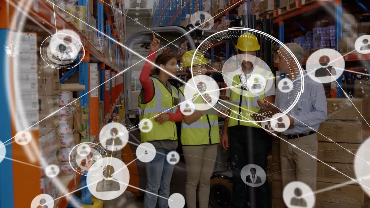 Animazione di rete di connessioni con icone su persone che lavorano in magazzino