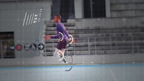 Animation-of-mixed-race-male-disabled-athlete-with-prosthetic-legs-exercising-at-a-sports-stadium