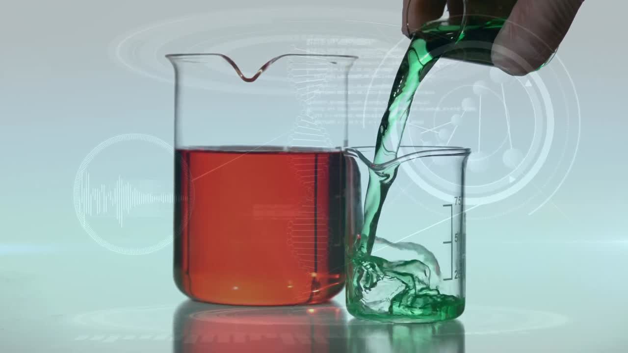 animación de la cadena de adn y procesamiento de datos sobre vasos con líquido