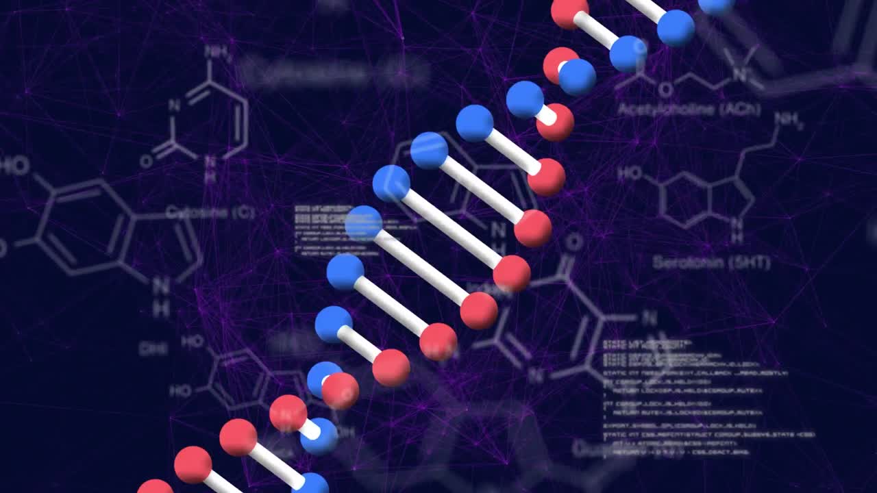 animación de la cadena de adn sobre el procesamiento de datos y la fórmula química en fondo negro