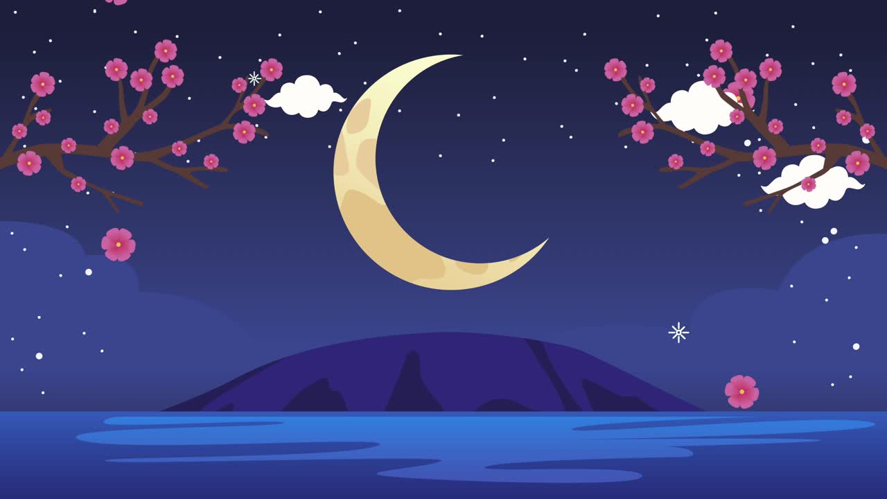 mid autumn animation with crescent moon and branches