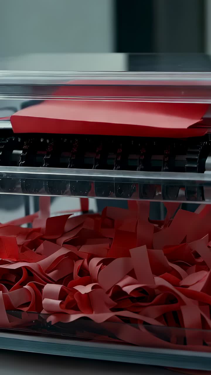 Vertical video: Feeding red sheet into black rollers, cutter slicing strips into clear bin to store