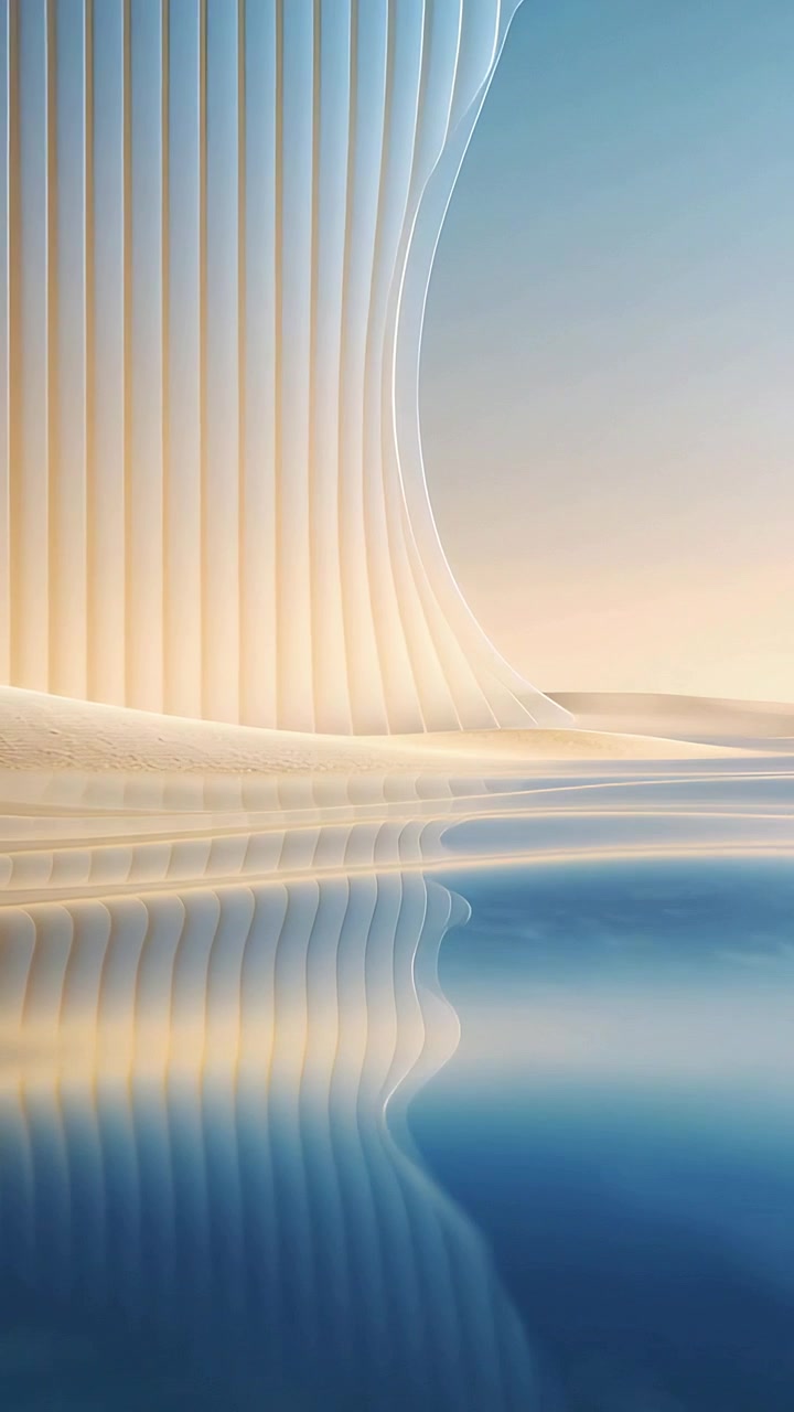 Video verticale: Telecamera che si sposta mostrando una parete scanalata che si curva ad arco, incorniciando dune attraverso una piscina