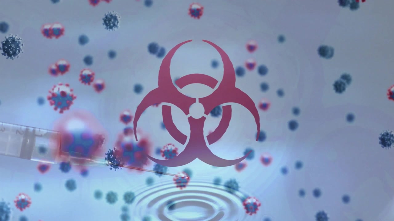 3D-sprøyte slipper dråpe på overflaten, forårsaker krusninger rundt et biofare-ikon med virus som driver.