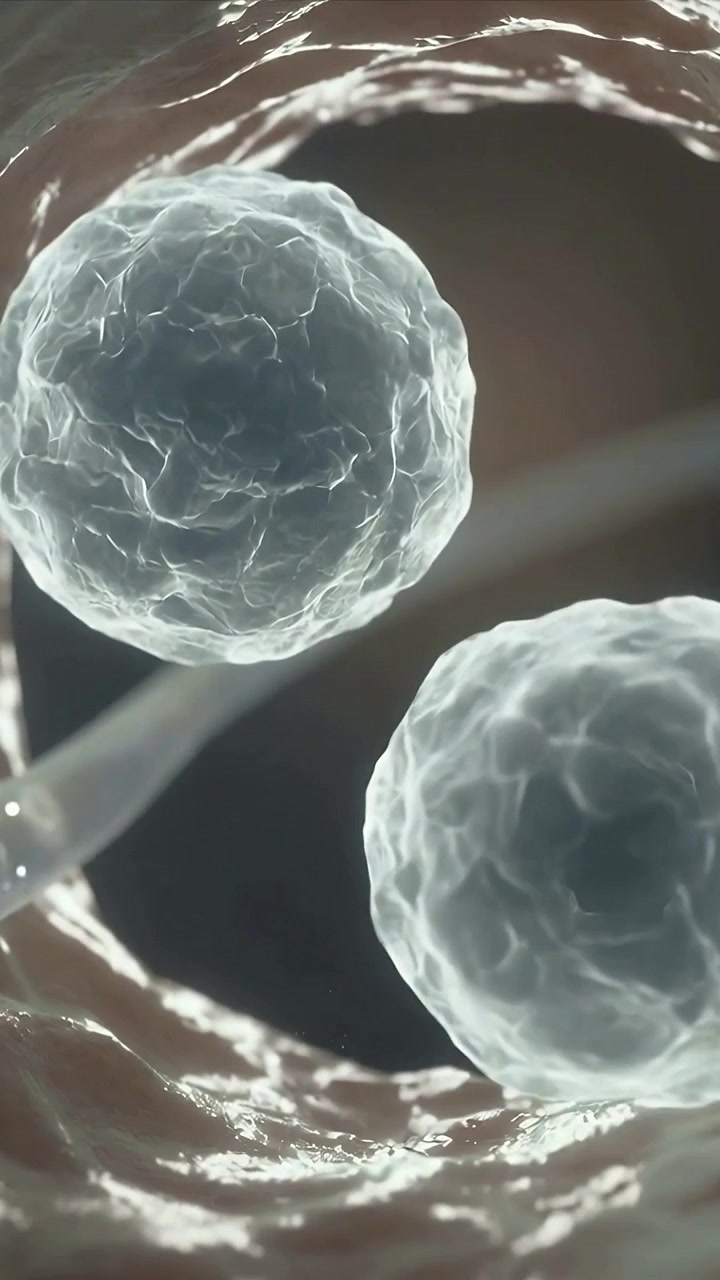 Video verticale: Filamento sonda che tocca due sfere trasparenti nel lume, rilasciando un getto di fluido che forma dei punti.