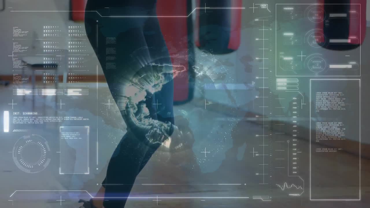 animación del procesamiento de datos sobre una deportista caucásica saltando la cuerda