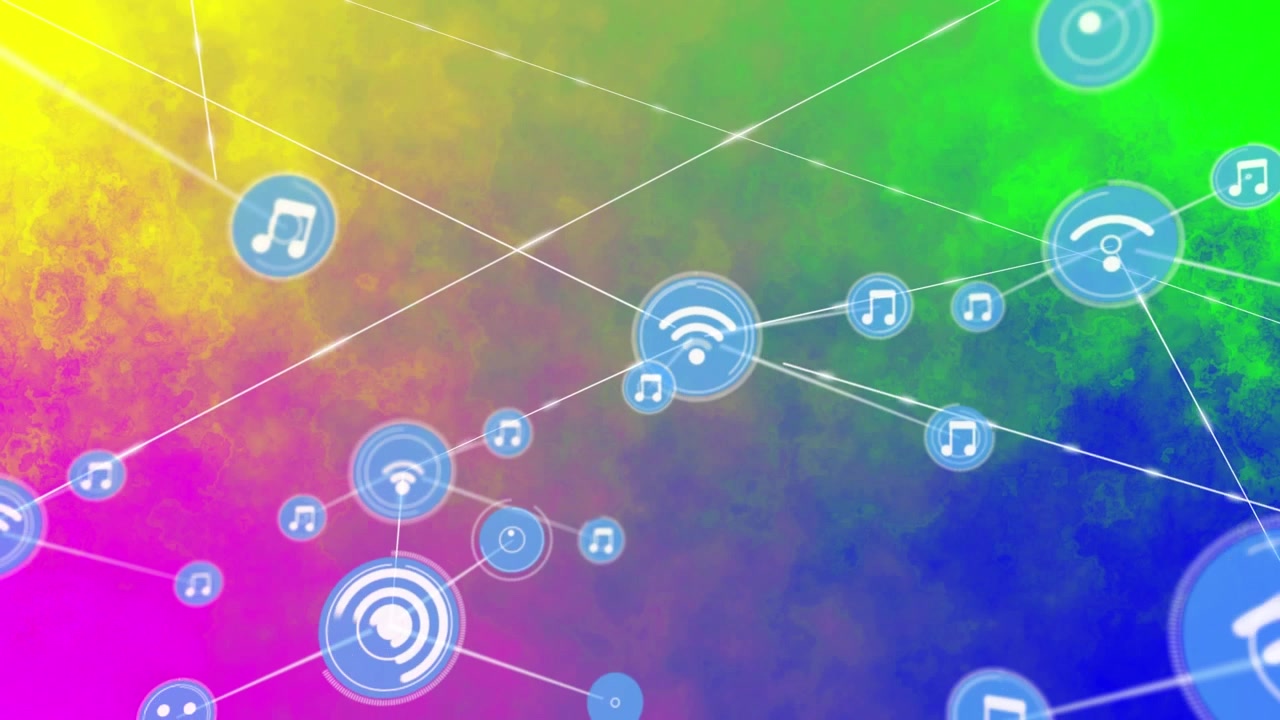 Animation af Wi-Fi- og musikikoner, der forbinder med linjer mod en farverig abstrakt baggrund