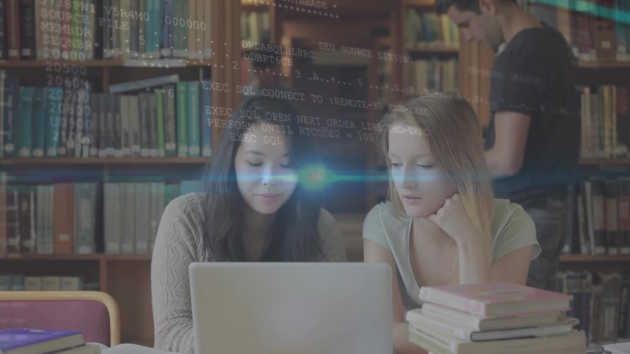 Animation of blue diverse students using computers in school classroom
