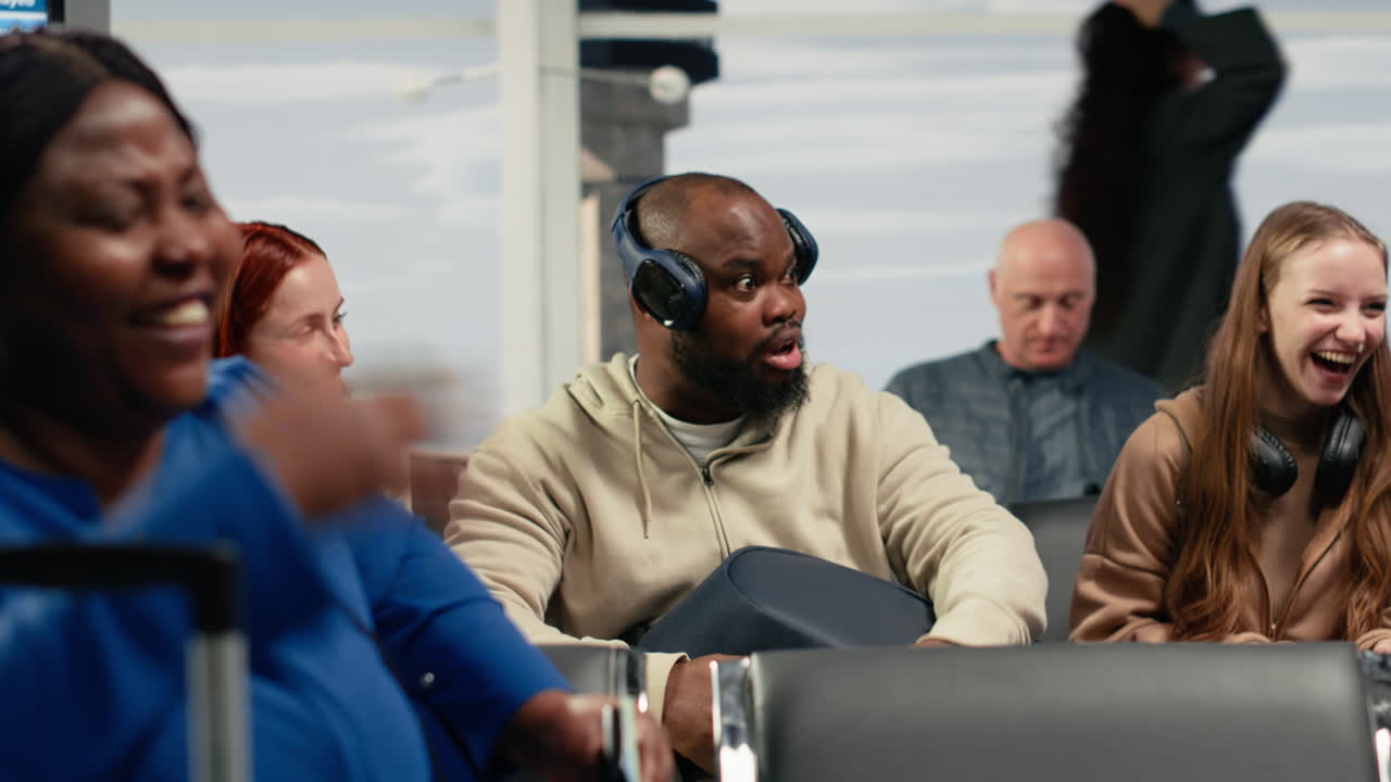 Relaxed friends in airport laughing during international vacation travel