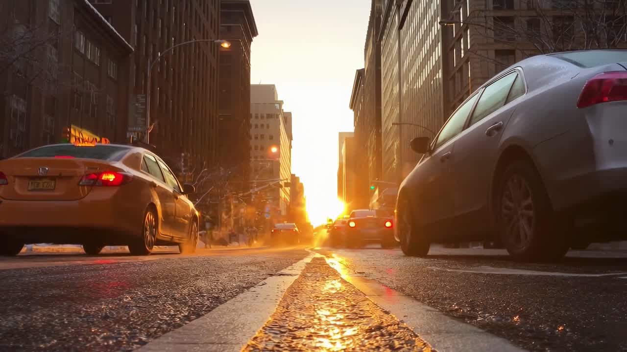 Cena de vídeo urbana em ângulo baixo capturando carros em uma rua da cidade ao pôr do sol, enfatizando o movimento.