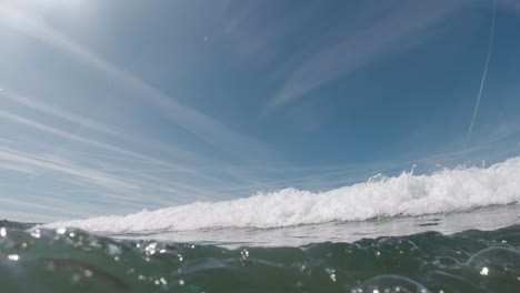 side view as waves break and camera goes underwater