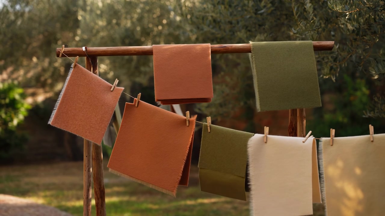 Campioni rettangolari di lana e feltro nei colori arancio bruciato, oliva, beige e crema sono fissati con piccole mollette di legno a un'asta orizzontale e a un filo sottile, posizionati all'aperto tra fogliame morbido e caldo