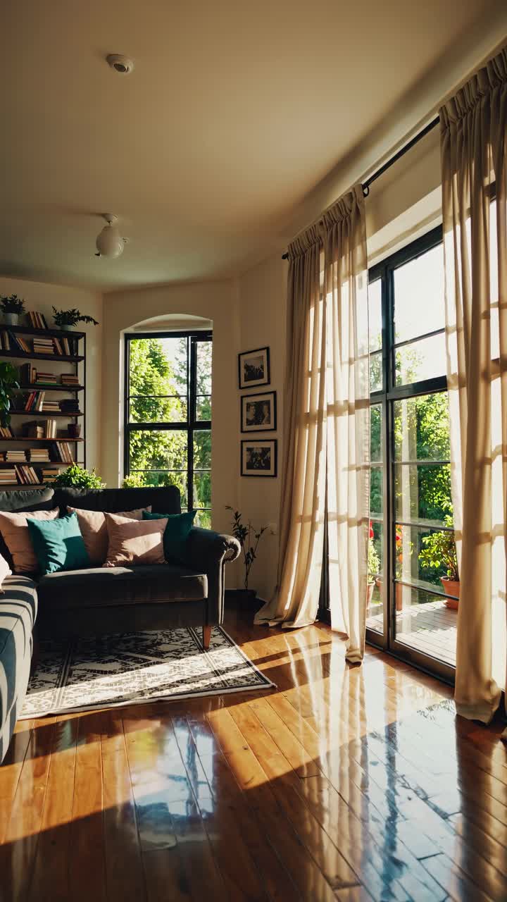 Sunlit living room with modern decor, captured from a low angle