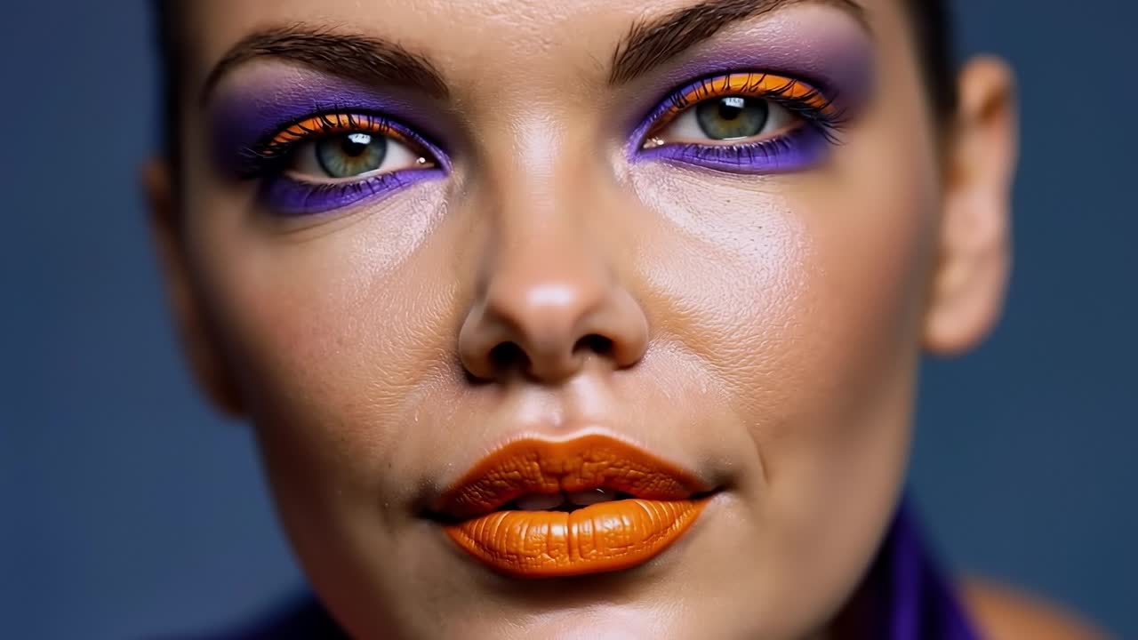 A close up of a woman with bright orange and purple makeup