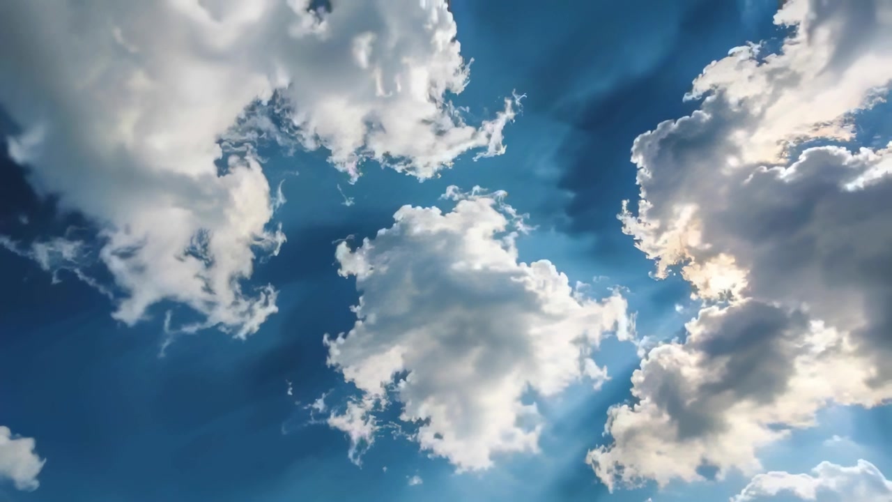 Panning camera revealing central cumulus cloud drifting across deep blue sky, with sun rays