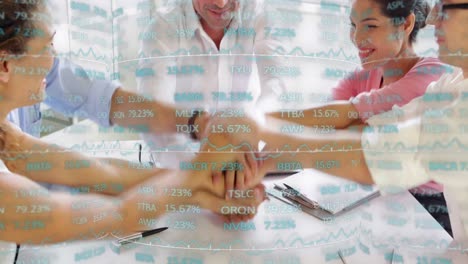 animation of financial data processing over team of diverse colleagues stocking their hands together