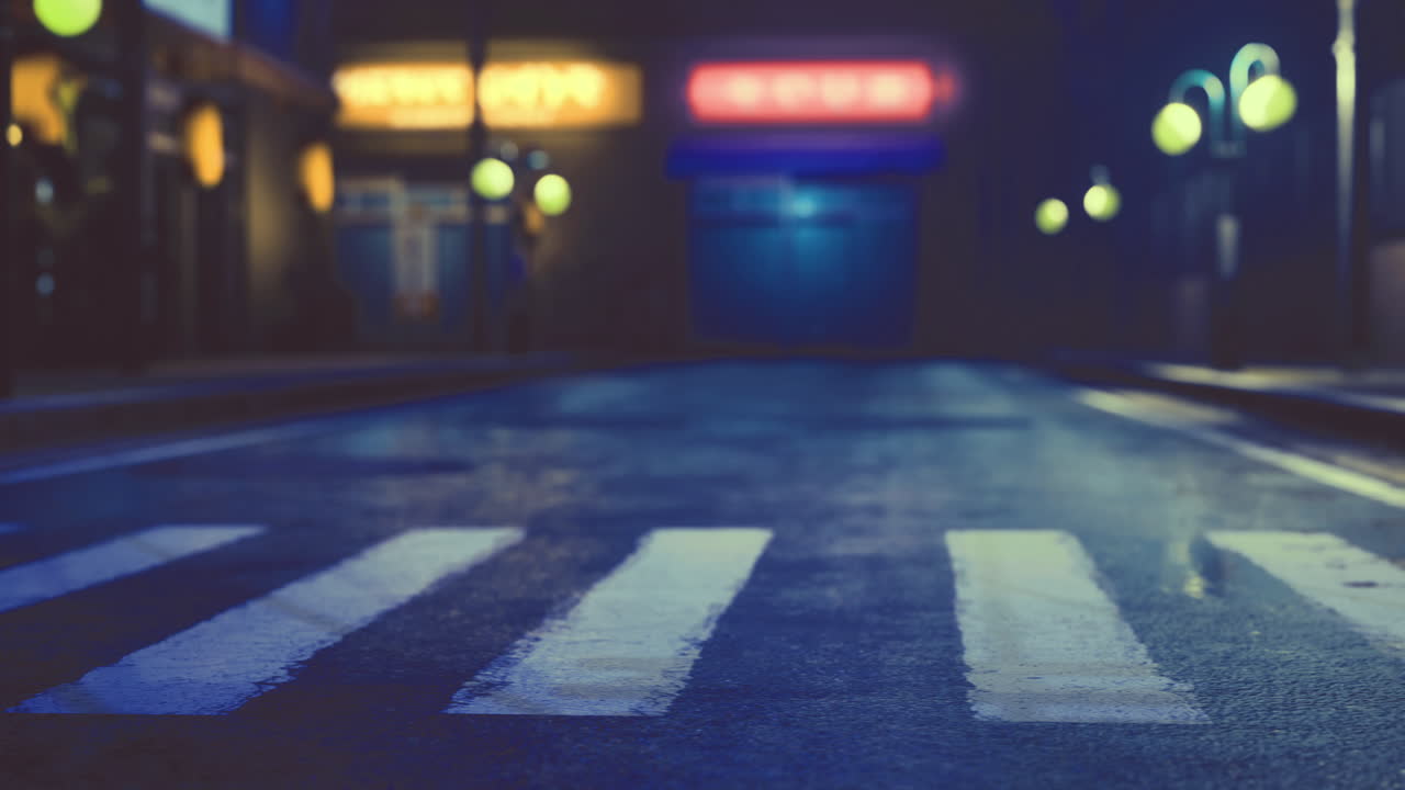 Quiet evening street with glowing lights and vivid colors at dusk