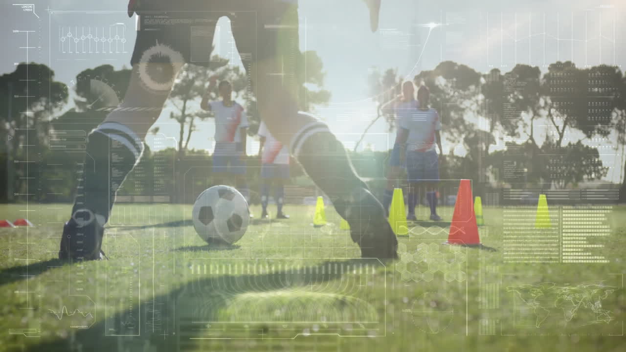 데이터 프로세싱 애니메이션을 통해 콘과 플레이어와 함께 축구 훈련