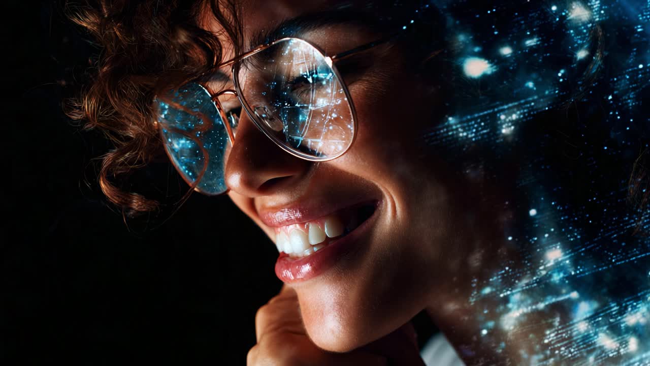 Momento affascinante: ritratto di una giovane donna sorridente con gli occhiali, circondata da uno straordinario sfondo cosmico digitale, che rappresenta gioia e immaginazione in uno stile visivo unico