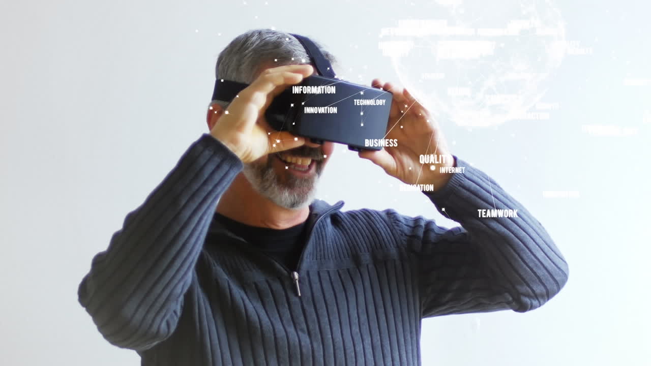 Animation of globe with network of connections over man using vr headset