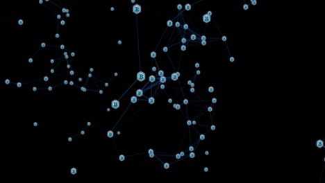 Animation of blue network of connections with bitcoin symbols spinning on black background