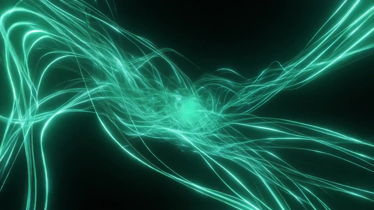 Sfondo astratto in movimento con scie luminose verdi incandescenti