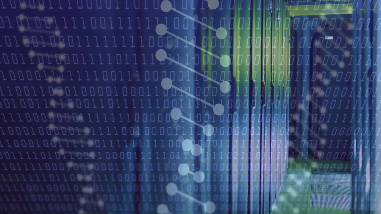 Animation of dna strands and data processing over server room