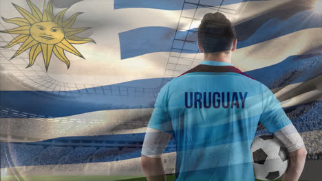 uruguay jersey with uruguayan flag against soccer stadium background